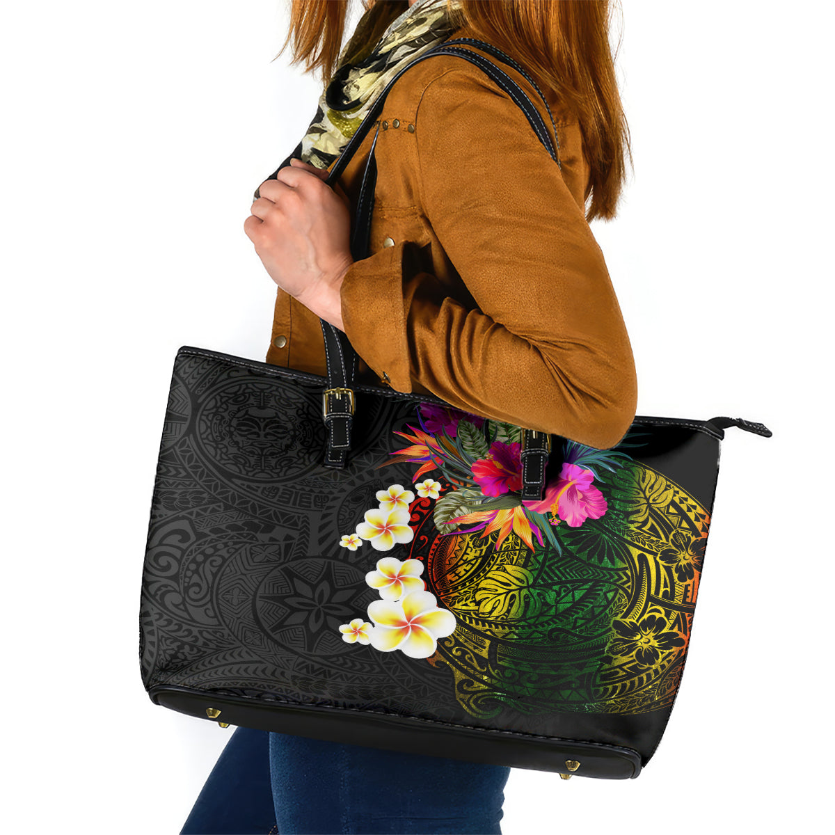 Hawaii Plumeria Leather Tote Bag Polynesian Tattoo and Hibiscus