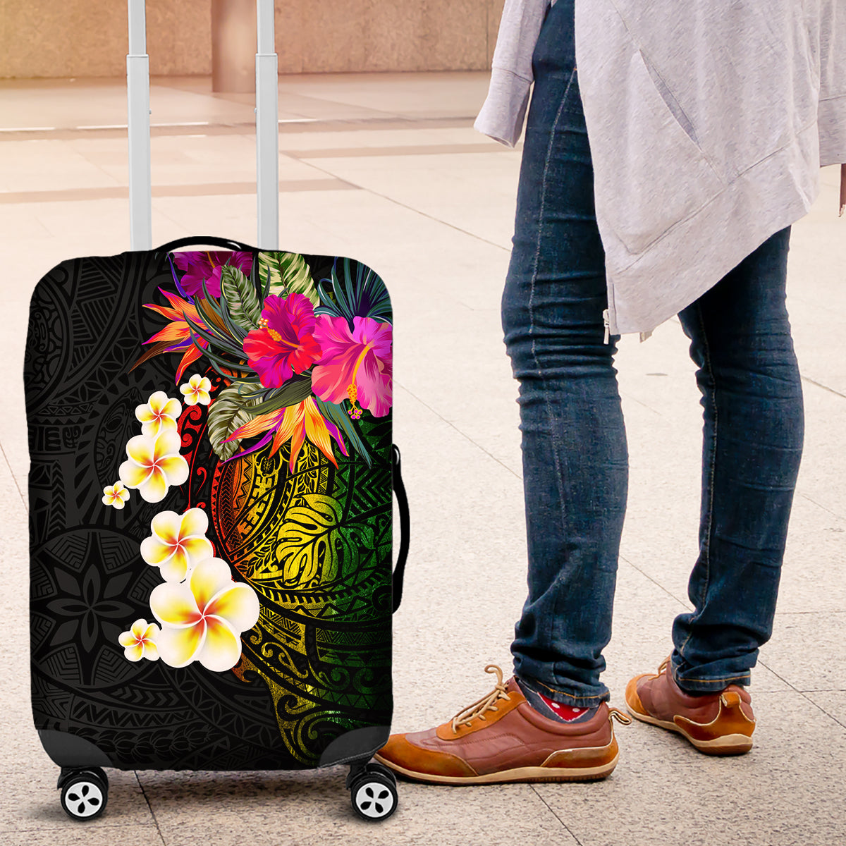 Hawaii Plumeria Luggage Cover Polynesian Tattoo and Hibiscus