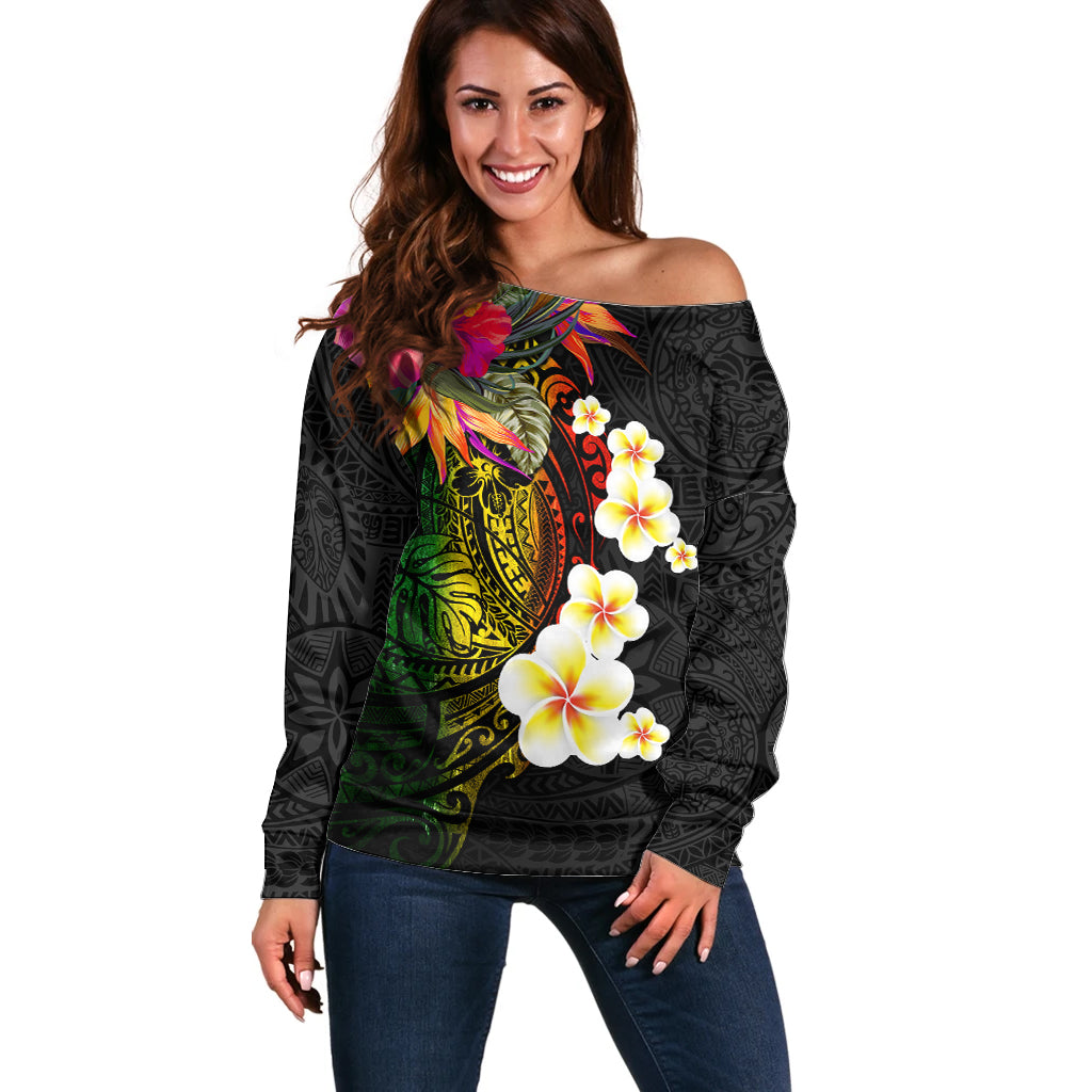 Hawaii Plumeria Off Shoulder Sweater Polynesian Tattoo and Hibiscus