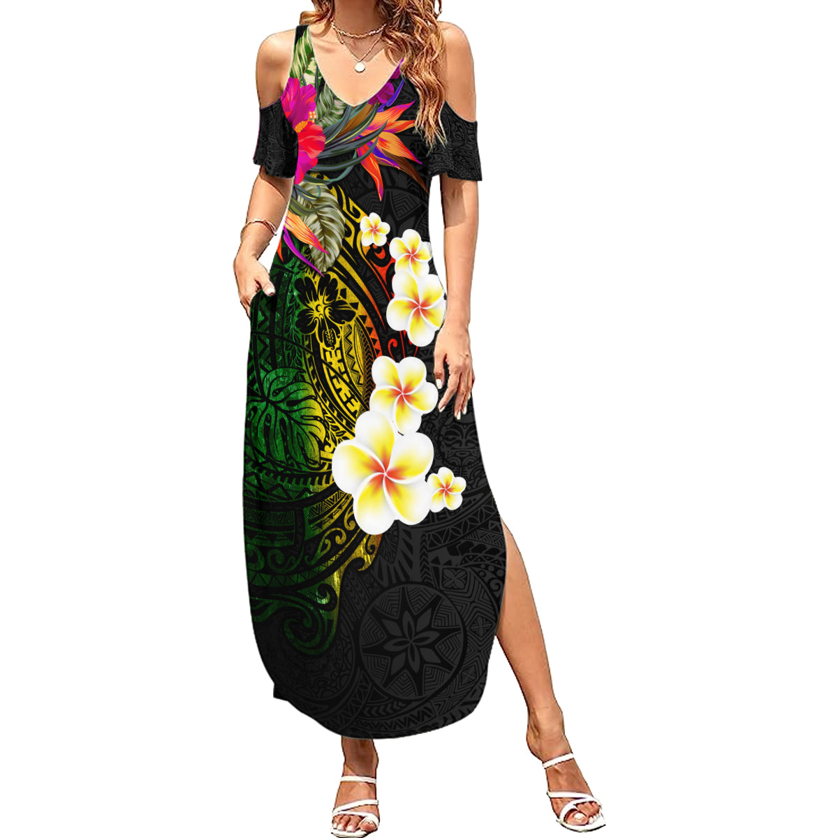 Hawaii Plumeria Summer Maxi Dress Polynesian Tattoo and Hibiscus