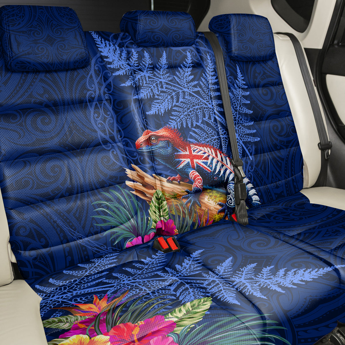 New Zealand Tuatara Back Car Seat Cover Silver Fern Hibiscus and Tribal Maori Pattern Blue Color