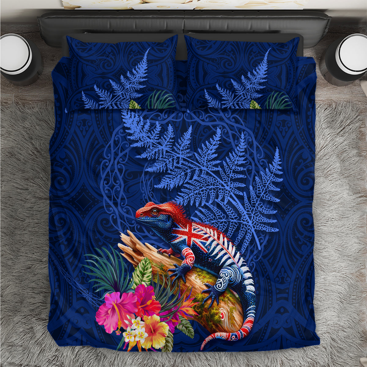 New Zealand Tuatara Bedding Set Silver Fern Hibiscus and Tribal Maori Pattern Blue Color