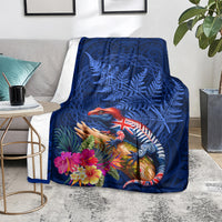 New Zealand Tuatara Blanket Silver Fern Hibiscus and Tribal Maori Pattern Blue Color