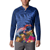New Zealand Tuatara Button Sweatshirt Silver Fern Hibiscus and Tribal Maori Pattern Blue Color