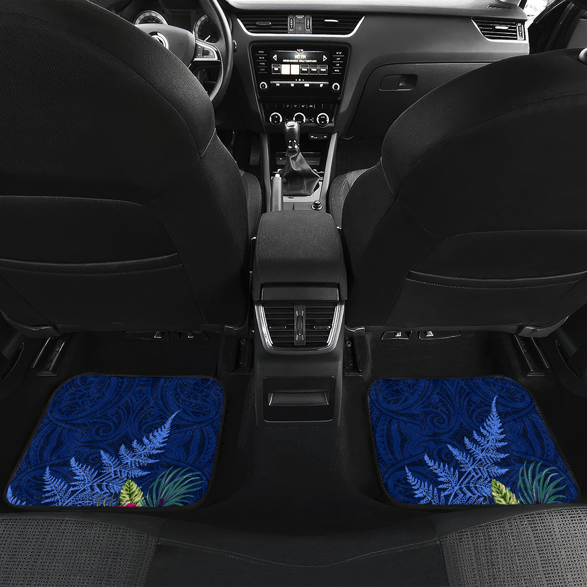 New Zealand Tuatara Car Mats Silver Fern Hibiscus and Tribal Maori Pattern Blue Color
