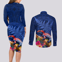 New Zealand Tuatara Couples Matching Long Sleeve Bodycon Dress and Long Sleeve Button Shirt Silver Fern Hibiscus and Tribal Maori Pattern Blue Color