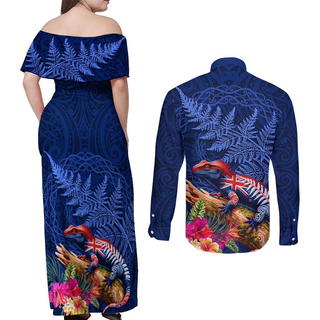 New Zealand Tuatara Couples Matching Off Shoulder Maxi Dress and Long Sleeve Button Shirt Silver Fern Hibiscus and Tribal Maori Pattern Blue Color