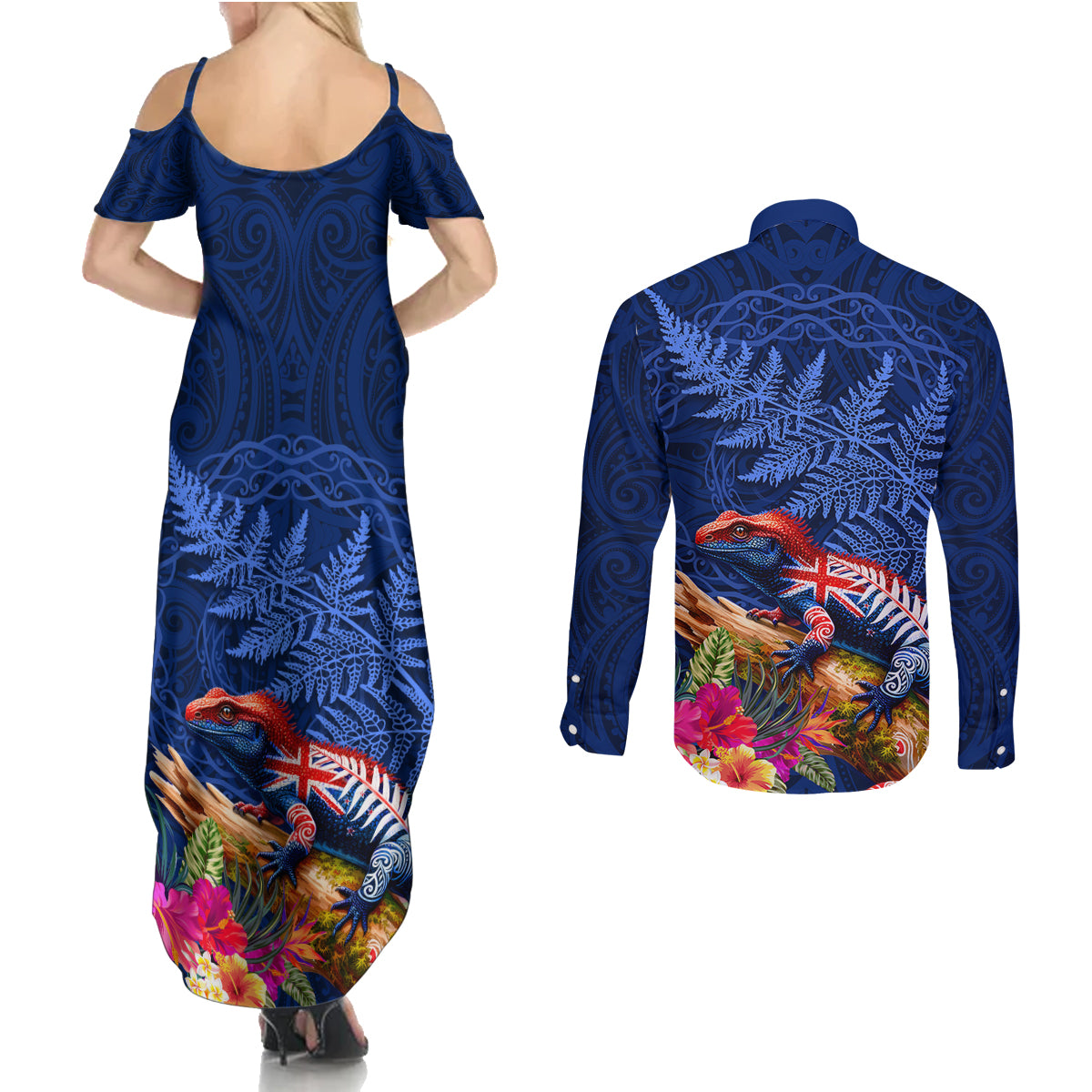 New Zealand Tuatara Couples Matching Summer Maxi Dress and Long Sleeve Button Shirt Silver Fern Hibiscus and Tribal Maori Pattern Blue Color