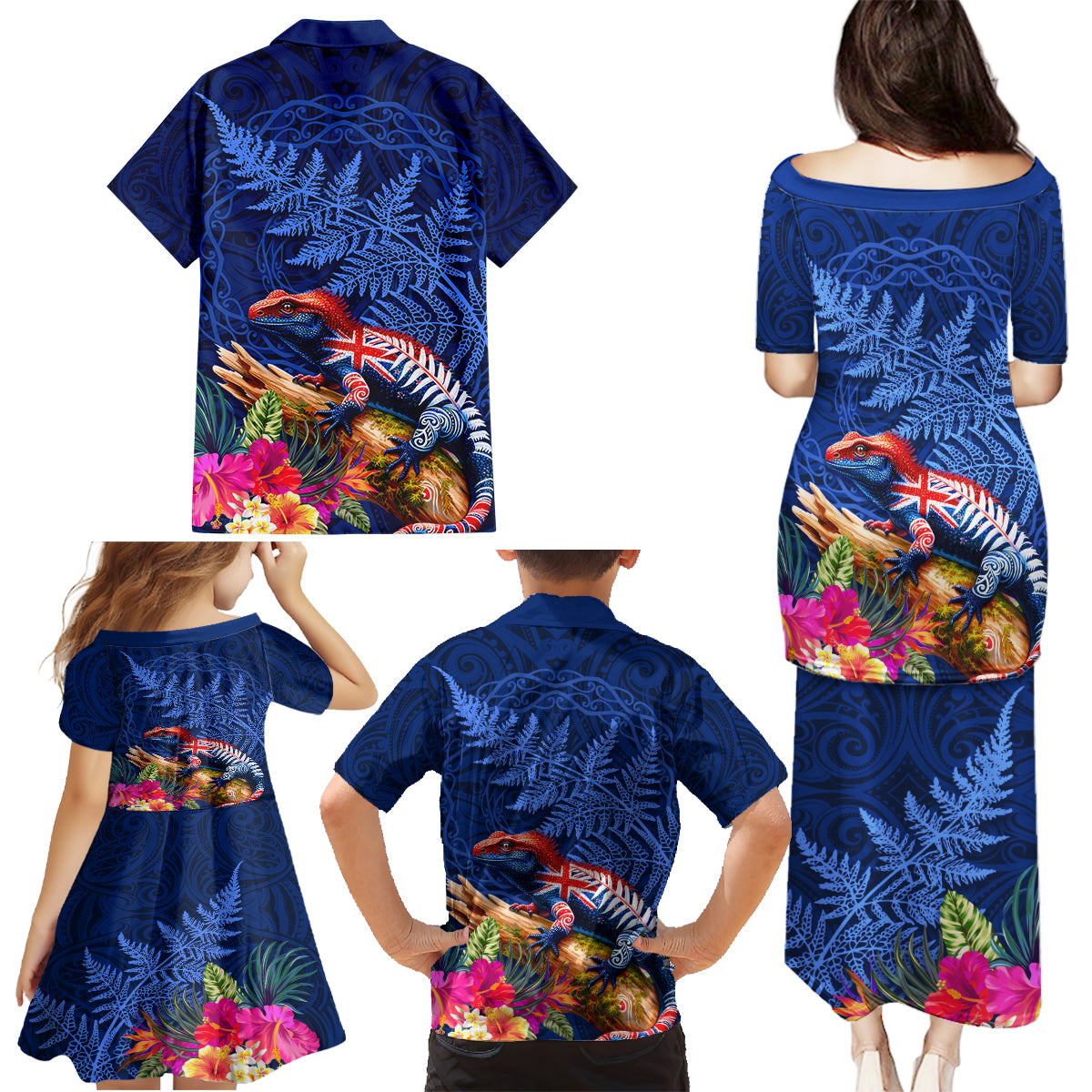 New Zealand Tuatara Family Matching Puletasi and Hawaiian Shirt Silver Fern Hibiscus and Tribal Maori Pattern Blue Color