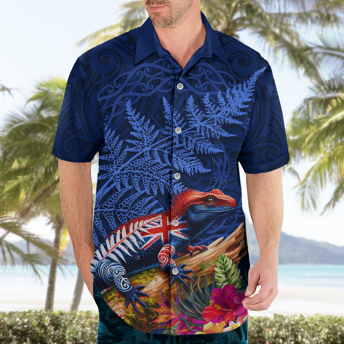 New Zealand Tuatara Hawaiian Shirt Silver Fern Hibiscus and Tribal Maori Pattern Blue Color