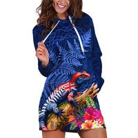 New Zealand Tuatara Hoodie Dress Silver Fern Hibiscus and Tribal Maori Pattern Blue Color LT03 Blue - Polynesian Pride