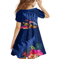 New Zealand Tuatara Kid Short Sleeve Dress Silver Fern Hibiscus and Tribal Maori Pattern Blue Color LT03 - Polynesian Pride