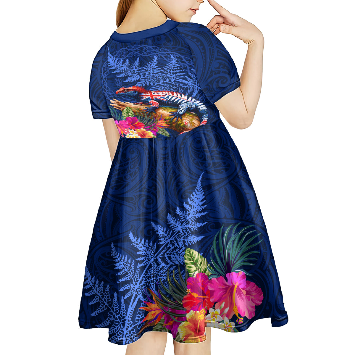New Zealand Tuatara Kid Short Sleeve Dress Silver Fern Hibiscus and Tribal Maori Pattern Blue Color LT03 - Polynesian Pride