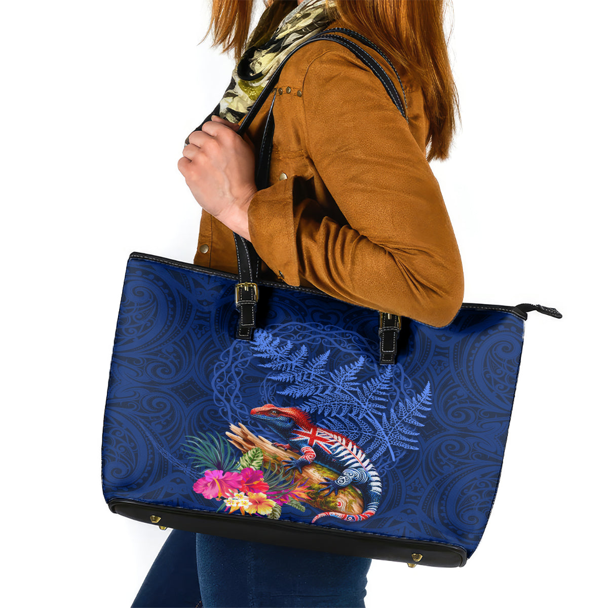 New Zealand Tuatara Leather Tote Bag Silver Fern Hibiscus and Tribal Maori Pattern Blue Color