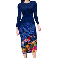 New Zealand Tuatara Long Sleeve Bodycon Dress Silver Fern Hibiscus and Tribal Maori Pattern Blue Color