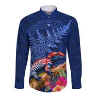 New Zealand Tuatara Long Sleeve Button Shirt Silver Fern Hibiscus and Tribal Maori Pattern Blue Color
