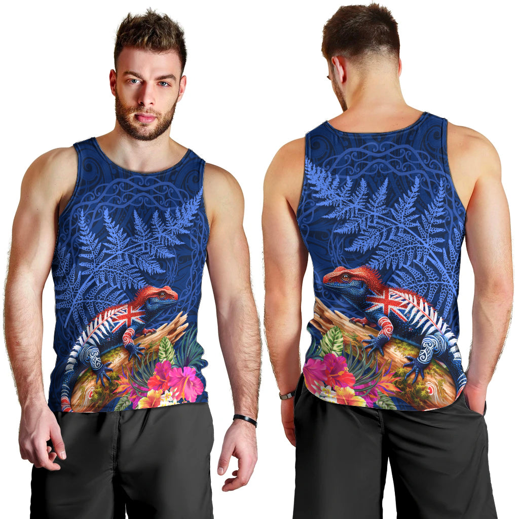 New Zealand Tuatara Men Tank Top Silver Fern Hibiscus and Tribal Maori Pattern Blue Color