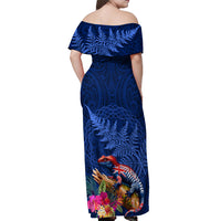 New Zealand Tuatara Off Shoulder Maxi Dress Silver Fern Hibiscus and Tribal Maori Pattern Blue Color LT03 - Polynesian Pride