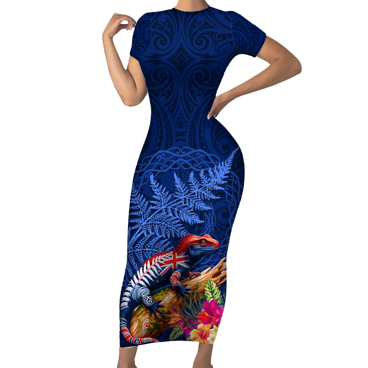 New Zealand Tuatara Short Sleeve Bodycon Dress Silver Fern Hibiscus and Tribal Maori Pattern Blue Color LT03 Long Dress Blue - Polynesian Pride
