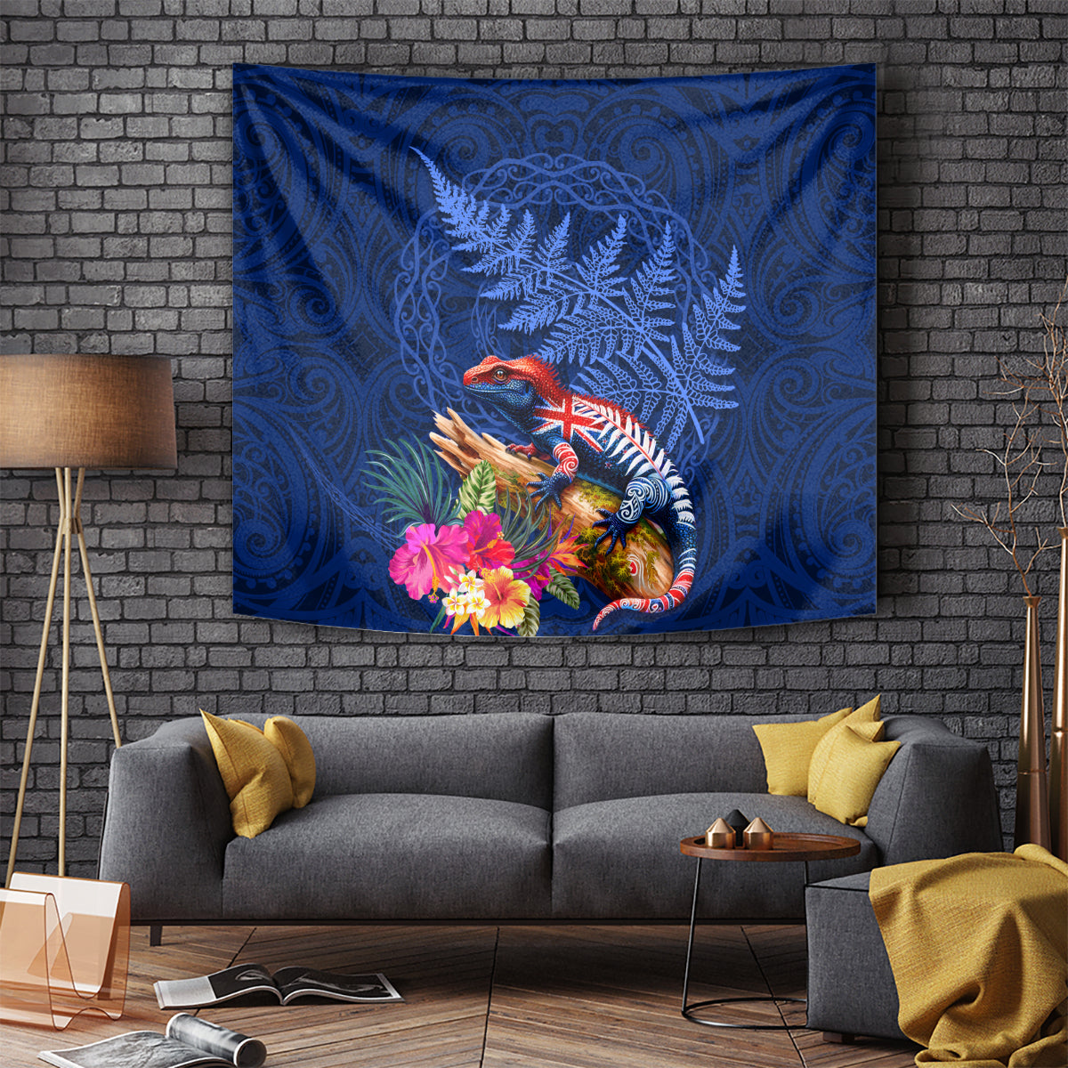 New Zealand Tuatara Tapestry Silver Fern Hibiscus and Tribal Maori Pattern Blue Color