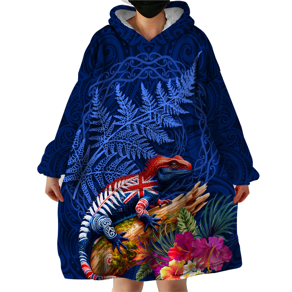New Zealand Tuatara Wearable Blanket Hoodie Silver Fern Hibiscus and Tribal Maori Pattern Blue Color
