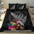 New Zealand Tuatara Bedding Set Silver Fern Hibiscus and Tribal Maori Pattern Black Color