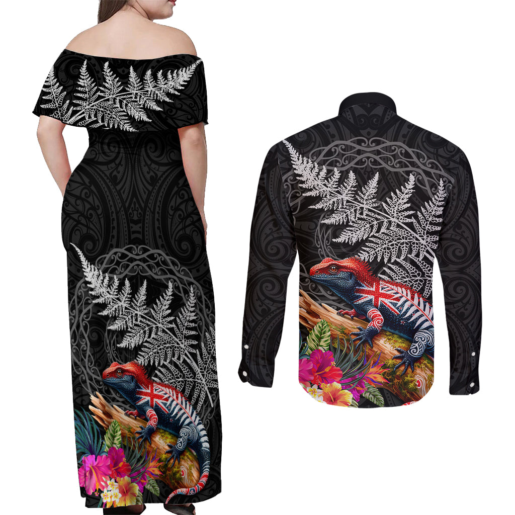 New Zealand Tuatara Couples Matching Off Shoulder Maxi Dress and Long Sleeve Button Shirt Silver Fern Hibiscus and Tribal Maori Pattern Black Color