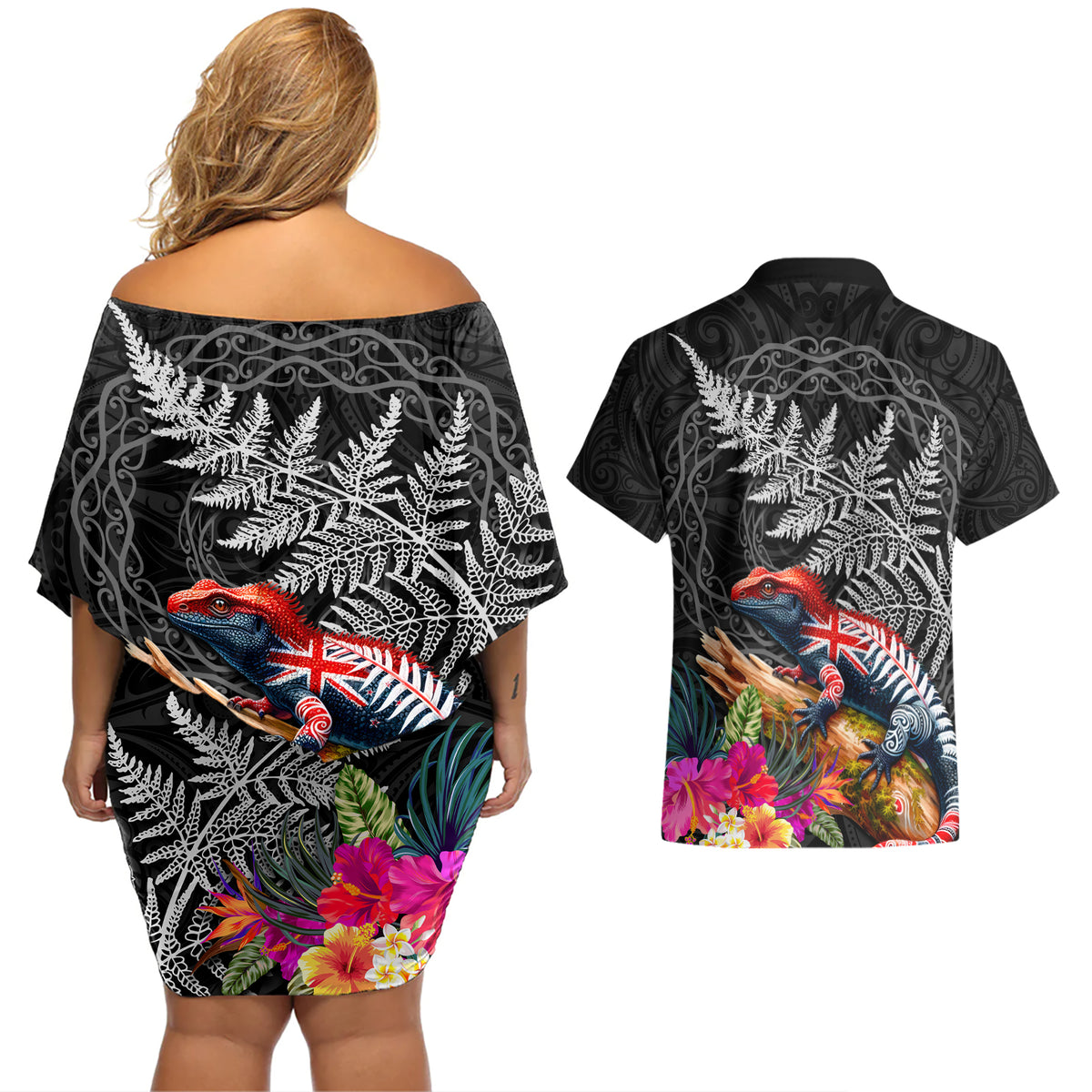 New Zealand Tuatara Couples Matching Off Shoulder Short Dress and Hawaiian Shirt Silver Fern Hibiscus and Tribal Maori Pattern Black Color