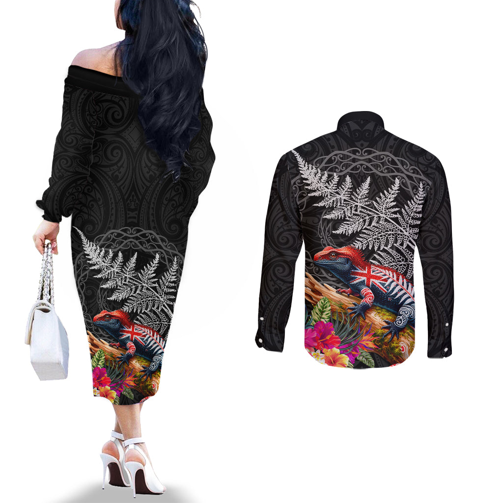 New Zealand Tuatara Couples Matching Off The Shoulder Long Sleeve Dress and Long Sleeve Button Shirt Silver Fern Hibiscus and Tribal Maori Pattern Black Color