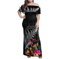 New Zealand Tuatara Family Matching Off Shoulder Maxi Dress and Hawaiian Shirt Silver Fern Hibiscus and Tribal Maori Pattern Black Color