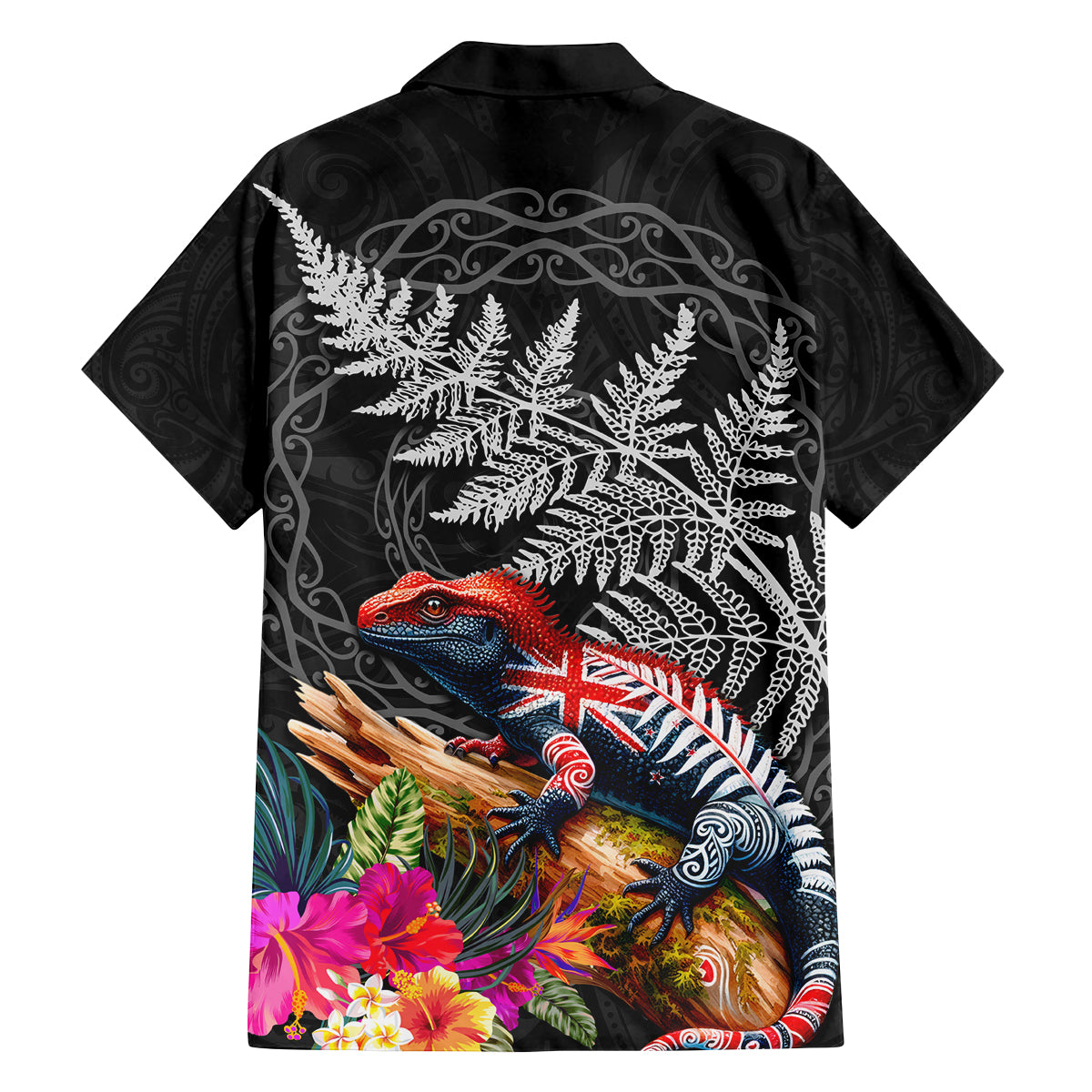 New Zealand Tuatara Family Matching Tank Maxi Dress and Hawaiian Shirt Silver Fern Hibiscus and Tribal Maori Pattern Black Color