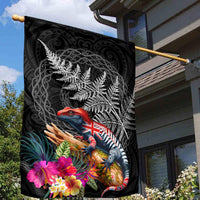 New Zealand Tuatara Garden Flag Silver Fern Hibiscus and Tribal Maori Pattern Black Color