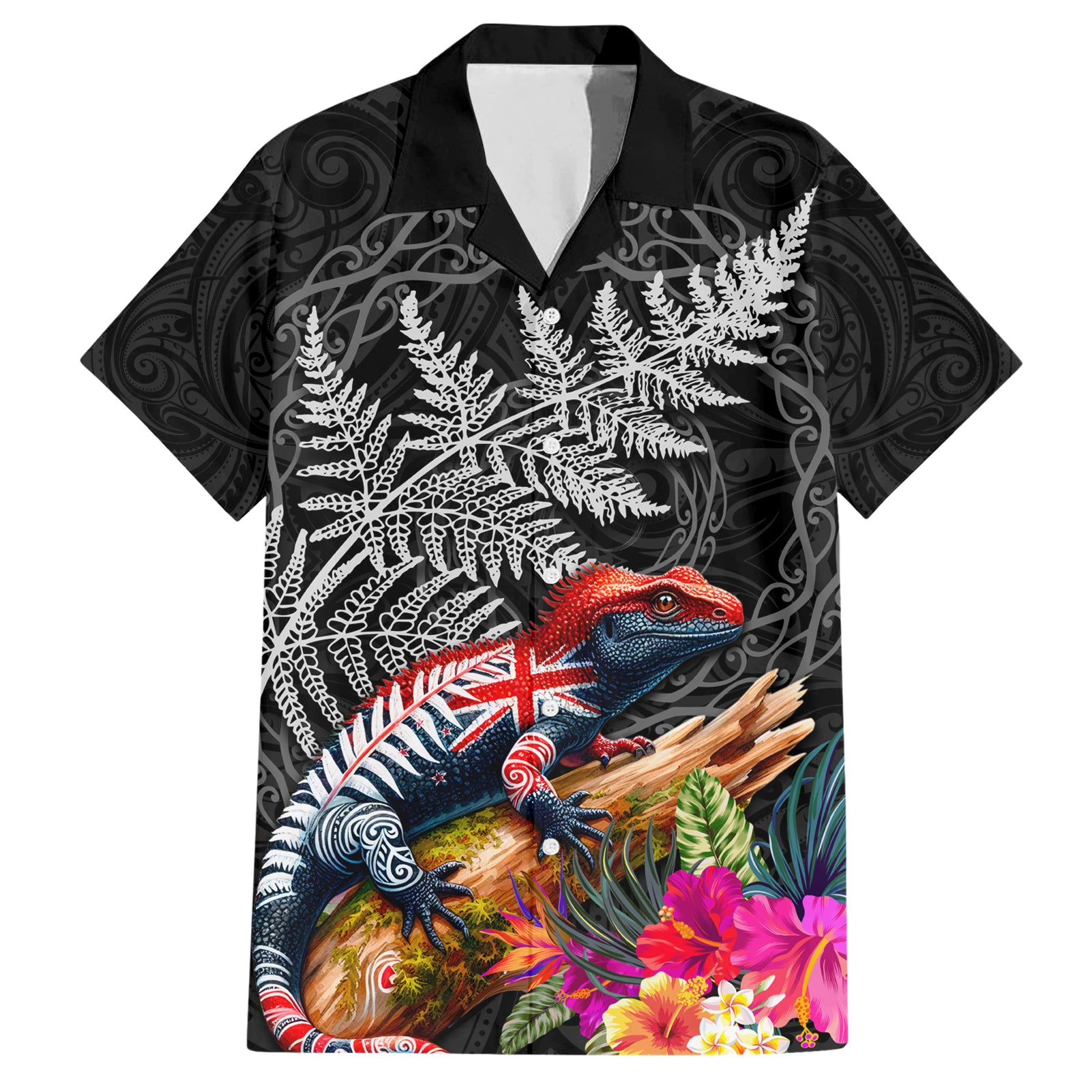 New Zealand Tuatara Hawaiian Shirt Silver Fern Hibiscus and Tribal Maori Pattern Black Color