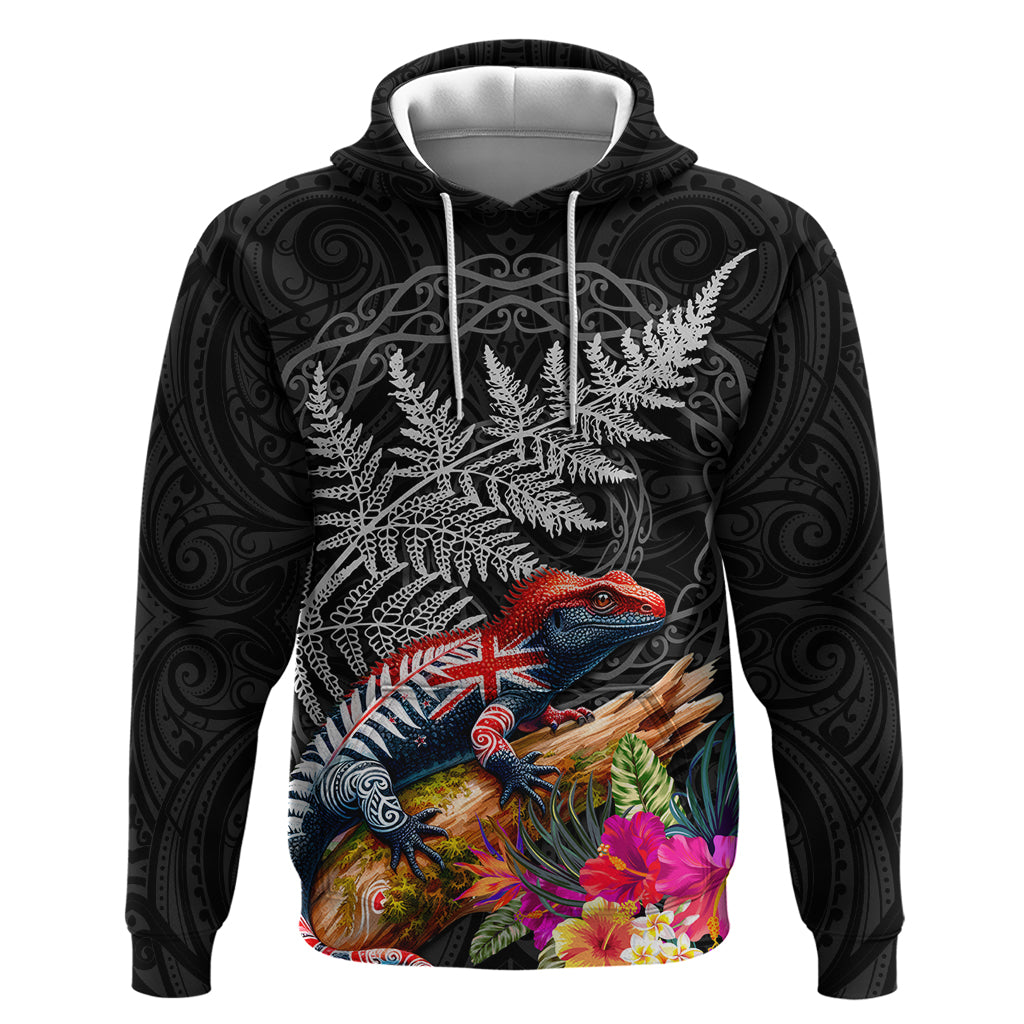 New Zealand Tuatara Hoodie Silver Fern Hibiscus and Tribal Maori Pattern Black Color