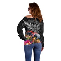 New Zealand Tuatara Off Shoulder Sweater Silver Fern Hibiscus and Tribal Maori Pattern Black Color