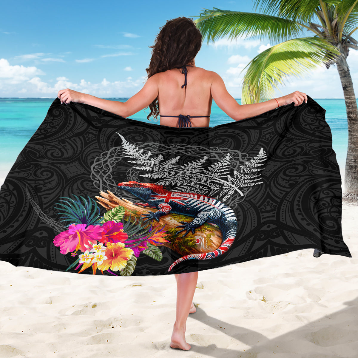 New Zealand Tuatara Sarong Silver Fern Hibiscus and Tribal Maori Pattern Black Color