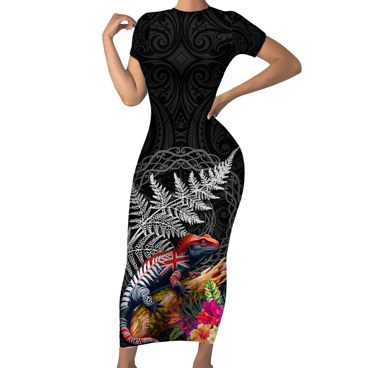 New Zealand Tuatara Short Sleeve Bodycon Dress Silver Fern Hibiscus and Tribal Maori Pattern Black Color LT03 Long Dress Black - Polynesian Pride