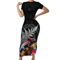 New Zealand Tuatara Short Sleeve Bodycon Dress Silver Fern Hibiscus and Tribal Maori Pattern Black Color LT03 Long Dress Black - Polynesian Pride