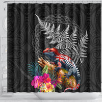 New Zealand Tuatara Shower Curtain Silver Fern Hibiscus and Tribal Maori Pattern Black Color