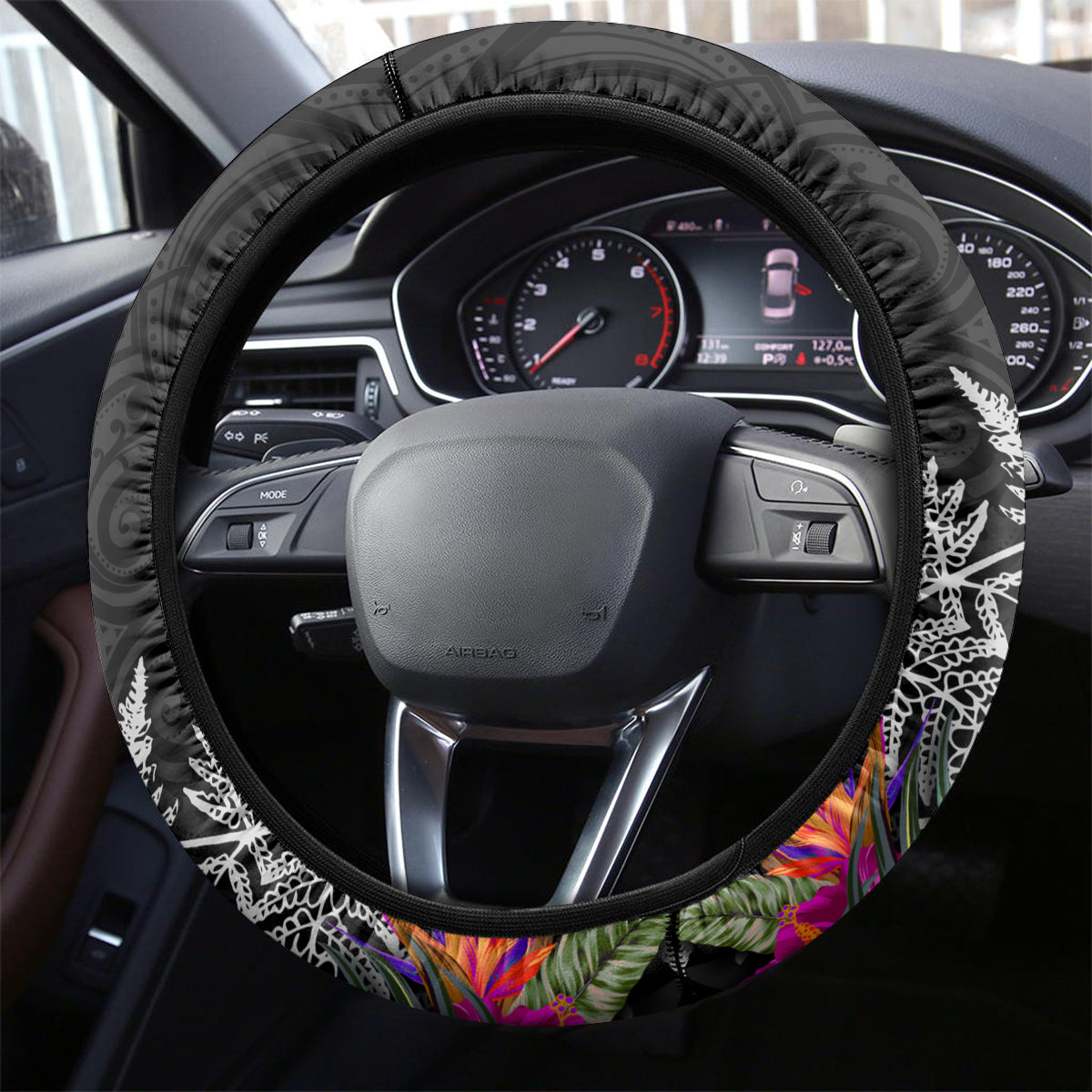 New Zealand Tuatara Steering Wheel Cover Silver Fern Hibiscus and Tribal Maori Pattern Black Color