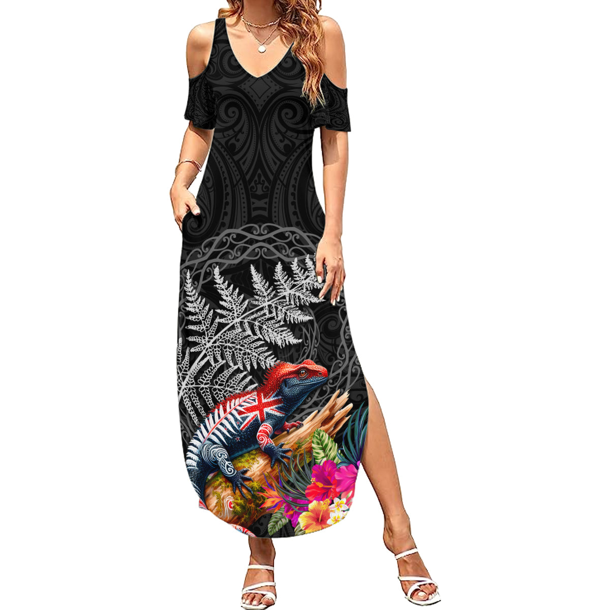 New Zealand Tuatara Summer Maxi Dress Silver Fern Hibiscus and Tribal Maori Pattern Black Color