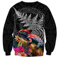 New Zealand Tuatara Sweatshirt Silver Fern Hibiscus and Tribal Maori Pattern Black Color
