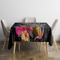 New Zealand Tuatara Tablecloth Silver Fern Hibiscus and Tribal Maori Pattern Black Color