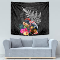 New Zealand Tuatara Tapestry Silver Fern Hibiscus and Tribal Maori Pattern Black Color