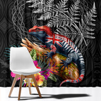 New Zealand Tuatara Window Curtain Silver Fern Hibiscus and Tribal Maori Pattern Black Color
