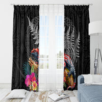 New Zealand Tuatara Window Curtain Silver Fern Hibiscus and Tribal Maori Pattern Black Color