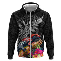 New Zealand Tuatara Zip Hoodie Silver Fern Hibiscus and Tribal Maori Pattern Black Color LT03 Zip Hoodie Black - Polynesian Pride