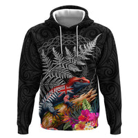 New Zealand Tuatara Zip Hoodie Silver Fern Hibiscus and Tribal Maori Pattern Black Color LT03 Pullover Hoodie Black - Polynesian Pride