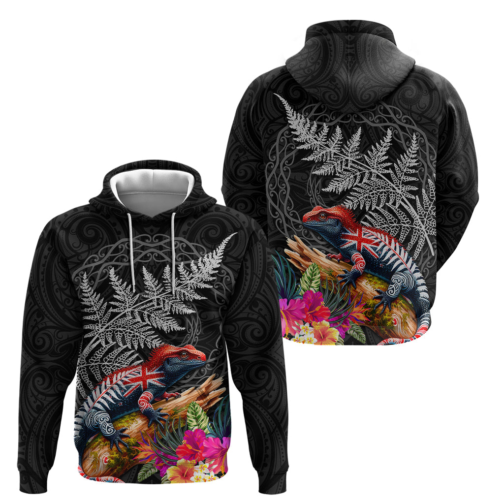 New Zealand Tuatara Zip Hoodie Silver Fern Hibiscus and Tribal Maori Pattern Black Color LT03 - Polynesian Pride