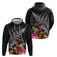 New Zealand Tuatara Zip Hoodie Silver Fern Hibiscus and Tribal Maori Pattern Black Color LT03 - Polynesian Pride